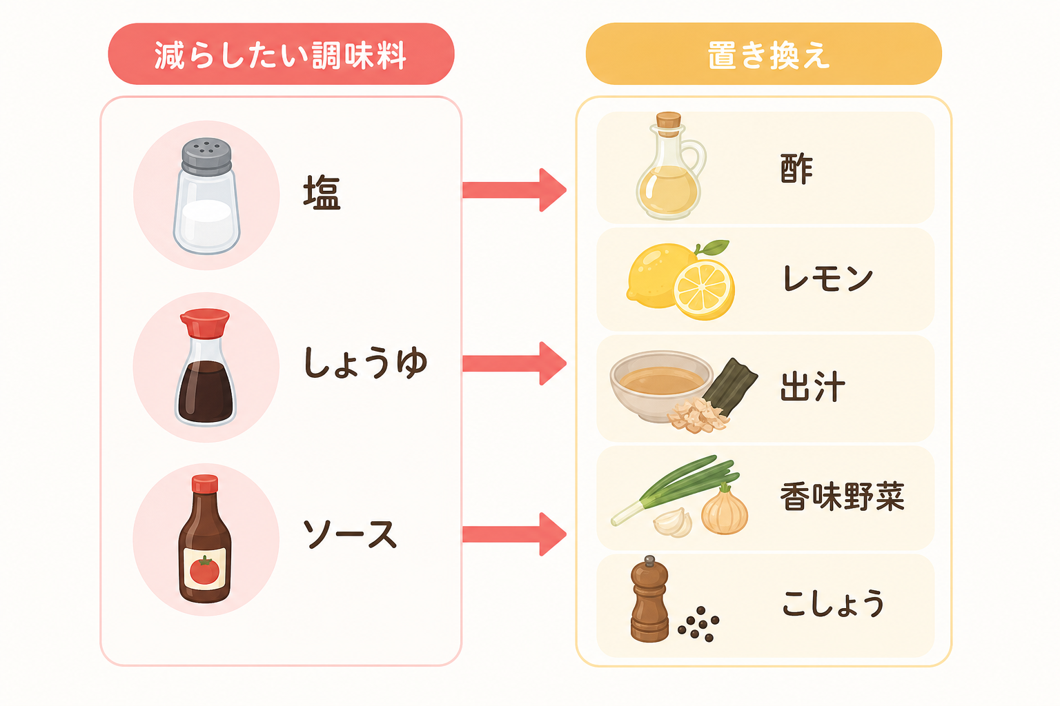 塩やしょうゆをうま味・酸味・香りに置き換える減塩の対応関係を示した比較図