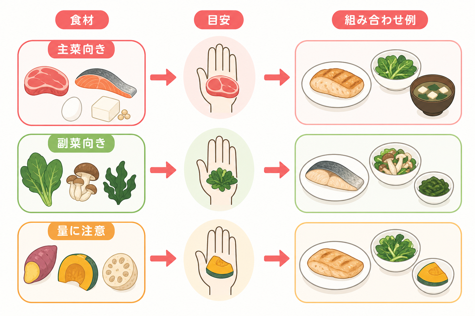 作り置き食材を糖質の少なさと役割で3グループに分けて示した分類図