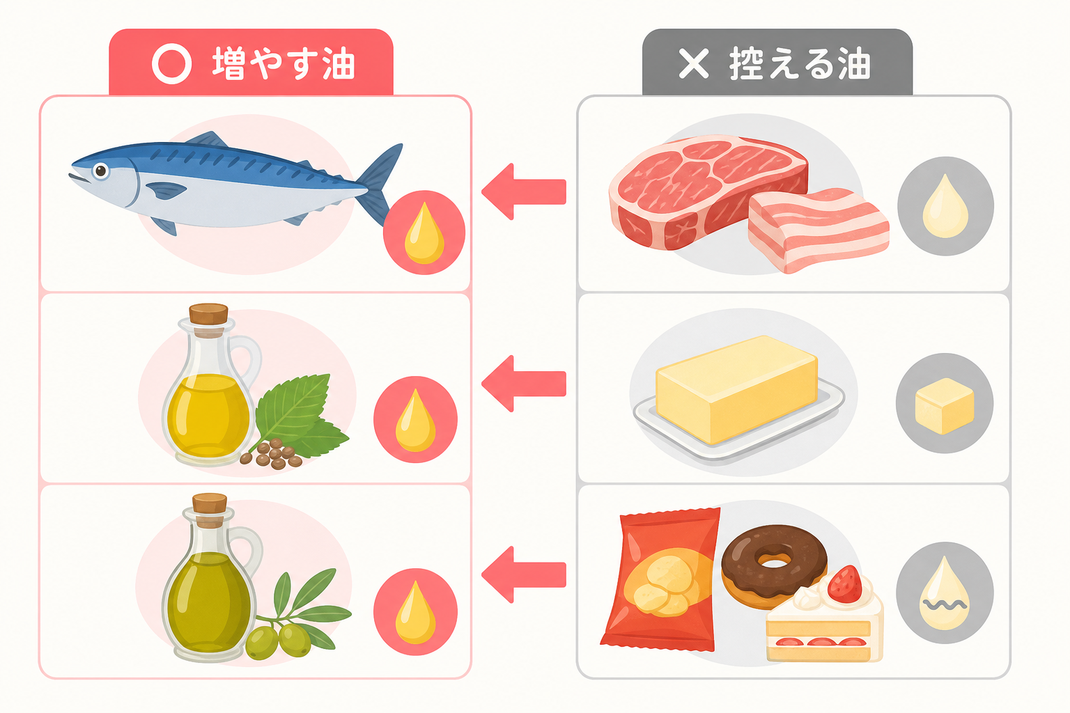 増やしたい油と控えたい油を対比した比較図