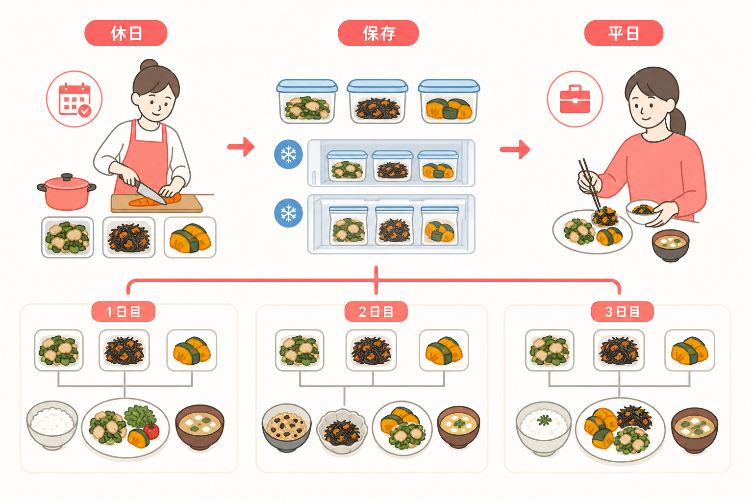 休日の仕込みから平日の食事までの作り置き活用の流れを示した手順フロー図