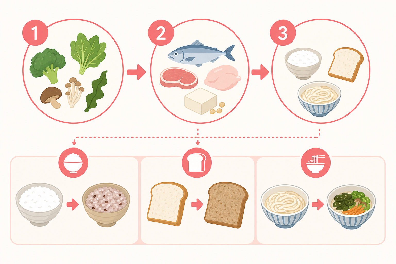 食べる順番と主食の選び方を示した食後血糖対策のフロー図