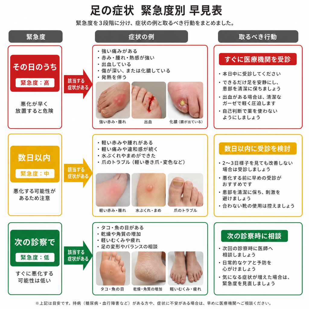 糖尿病の足のトラブルで受診を判断する緊急度別の早見表