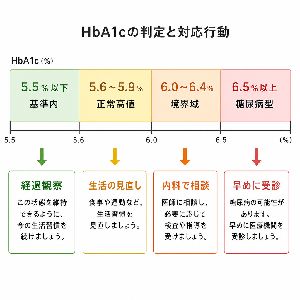 HbA1cの基準値を4段階に分け、それぞれの受診目安を示した図