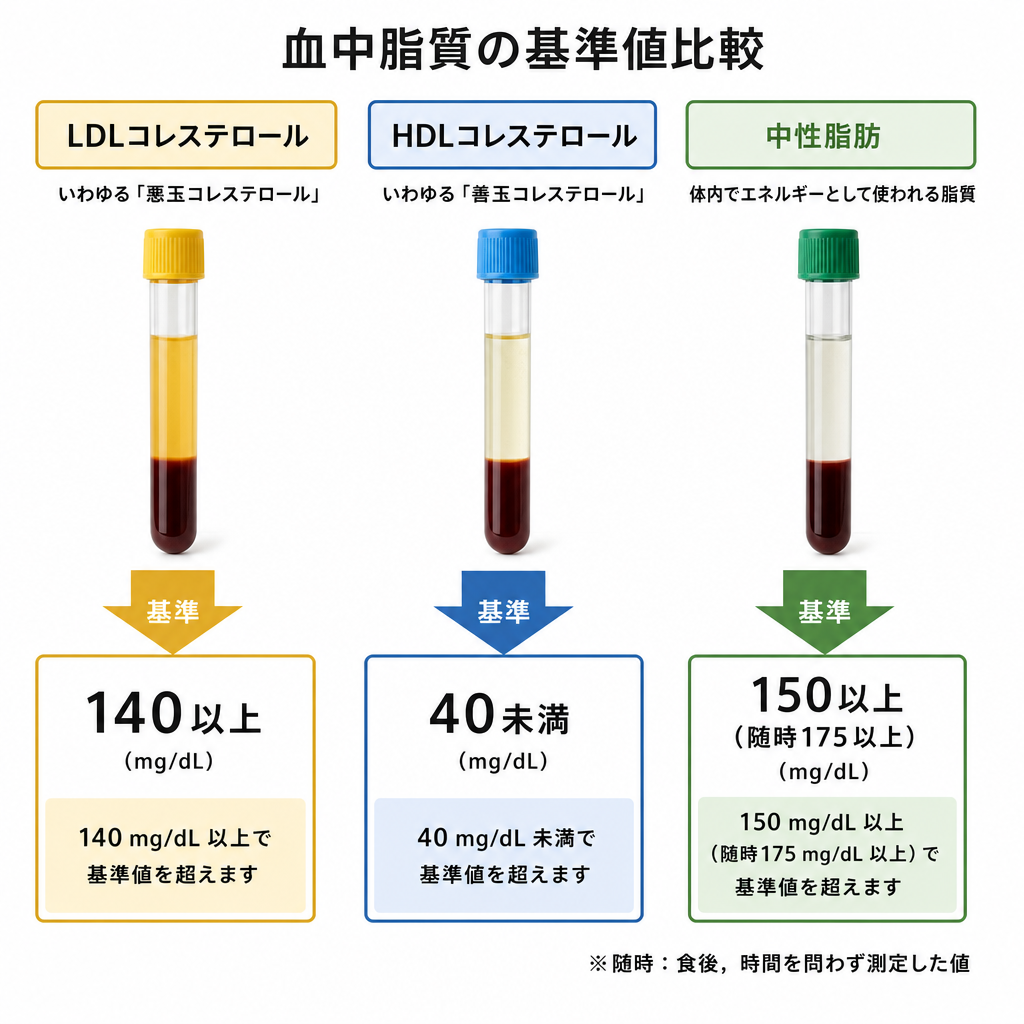 LDL・HDL・中性脂肪の脂質異常症診断基準を比較した図