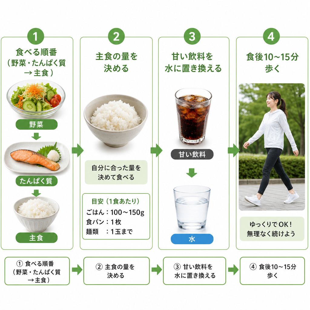 血糖値が気になるときに今日からできる食事と運動の工夫を示した図