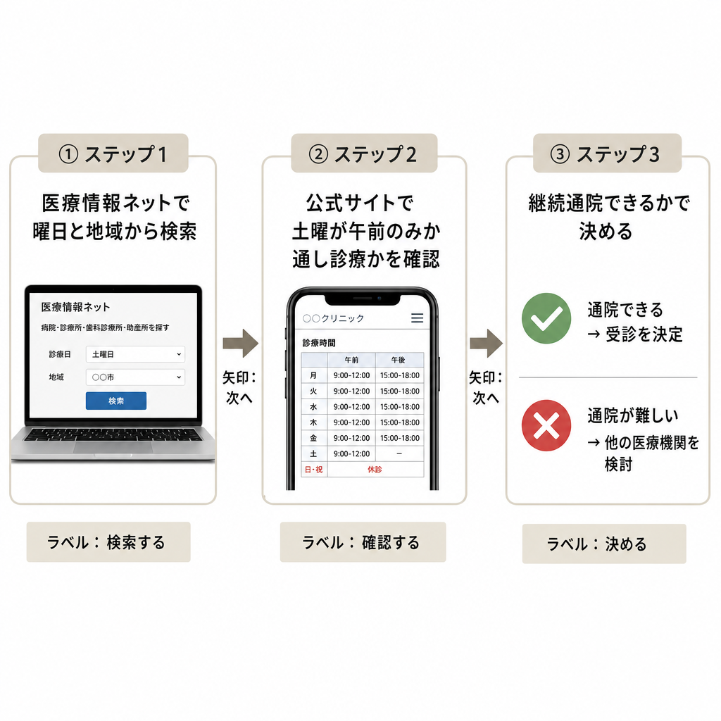 渋谷で土曜診療の内科を探す3つの手順を示したフロー図