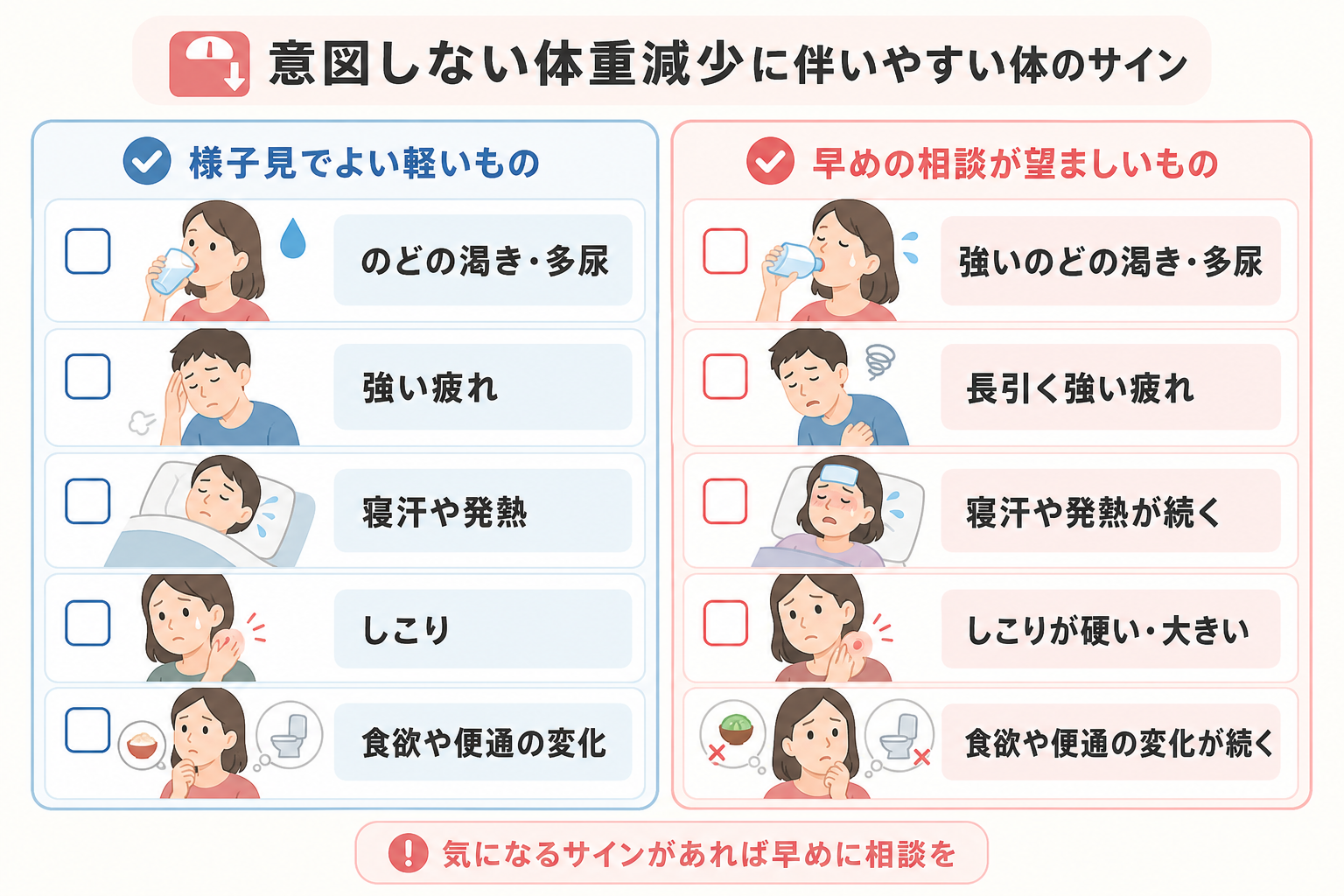 体重減少に伴う体のサインを様子見と早めの受診に振り分けたチェックリストの図