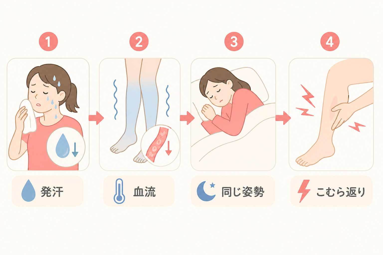 夜間にこむら返りが起こる流れを水分不足・血流低下・姿勢・筋肉の収縮の4段階で示したフロー図。