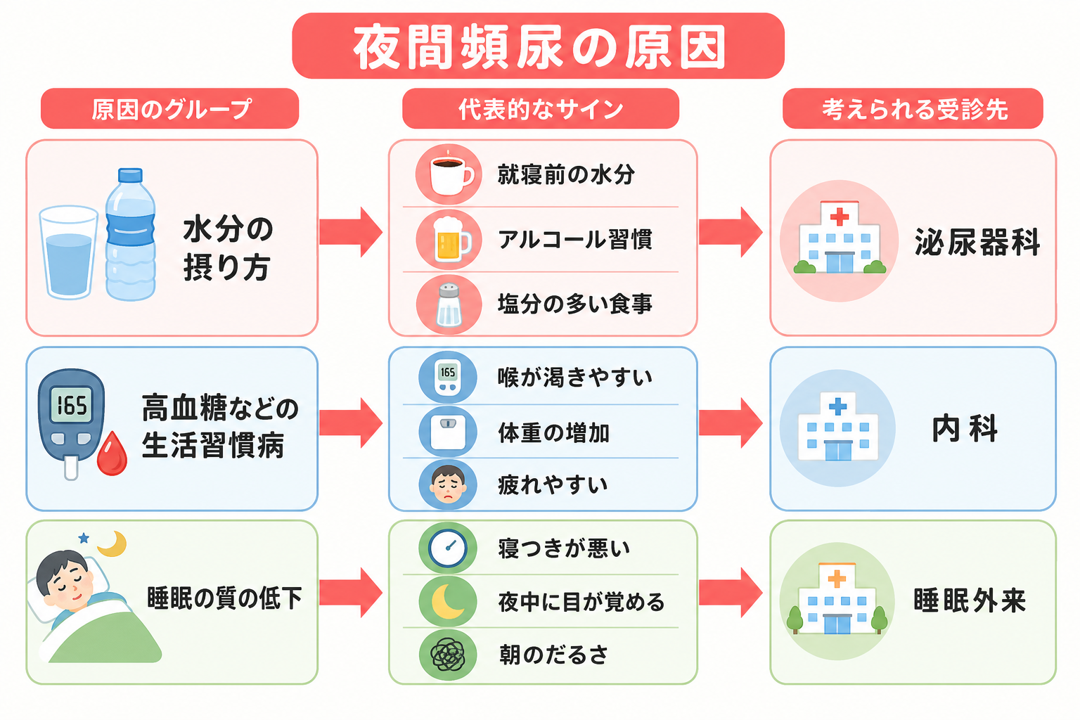 夜間頻尿の原因を水分・血糖・睡眠の3つに分類し受診先を示した図