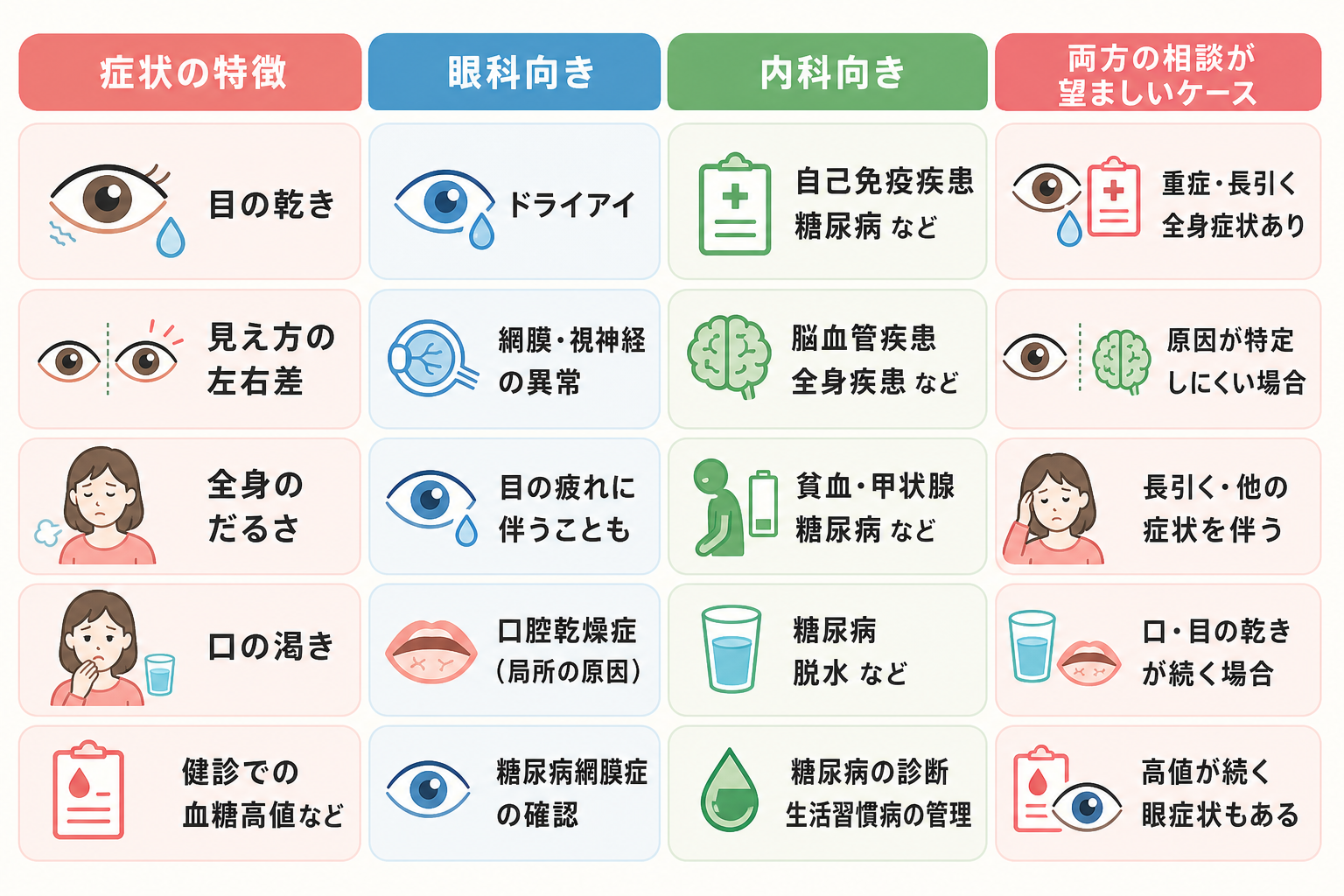 症状別に眼科と内科のどちらに相談すべきかを示した比較表
