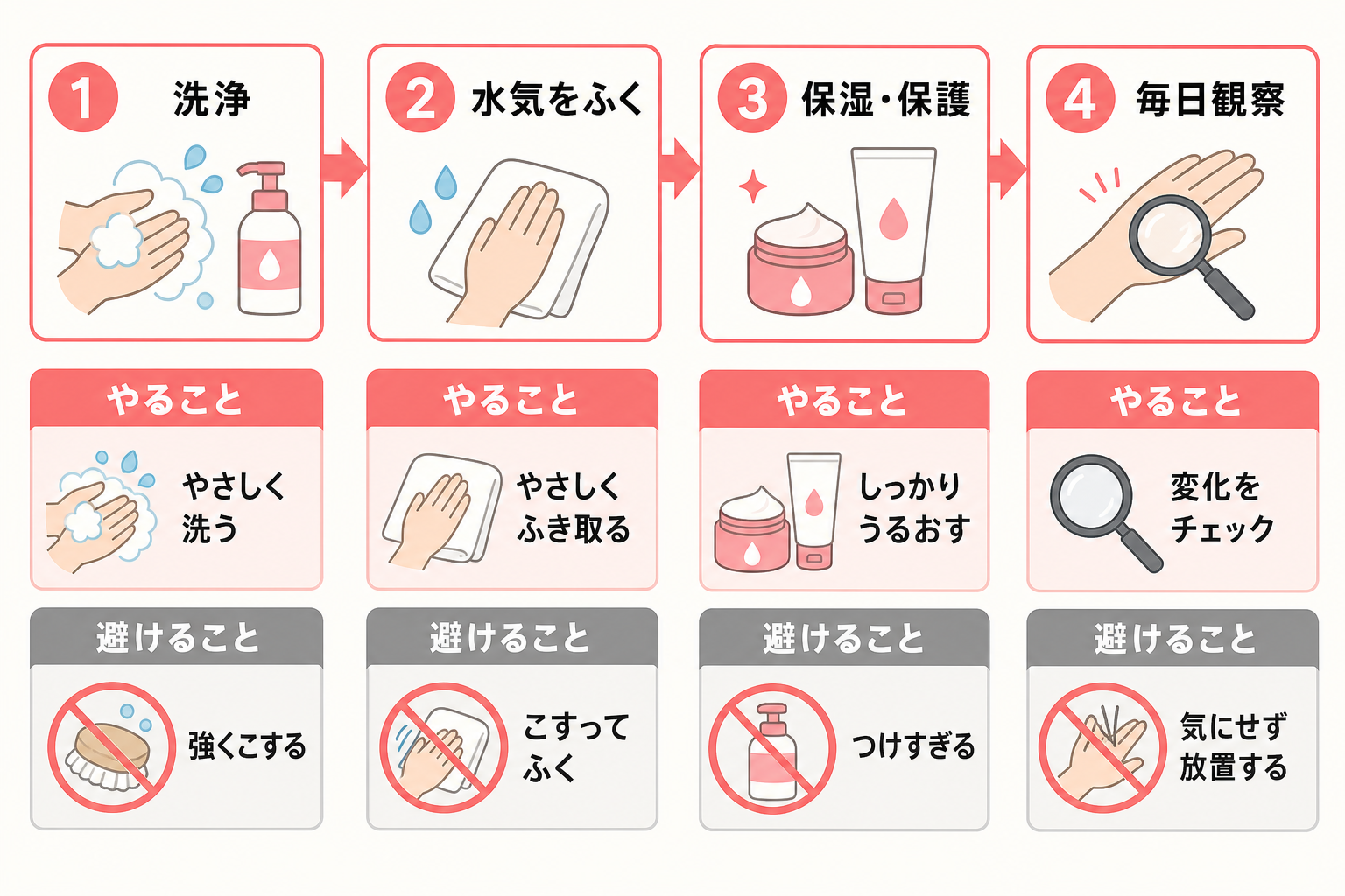 傷の家庭でのセルフケアを4ステップで示した手順フロー図