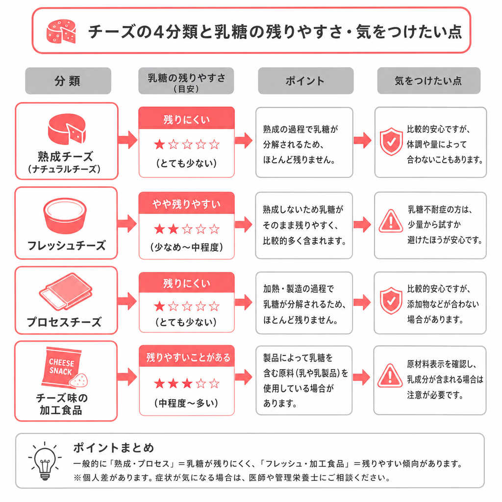 チーズの種類別に乳糖の残りやすさと注意点を整理した図