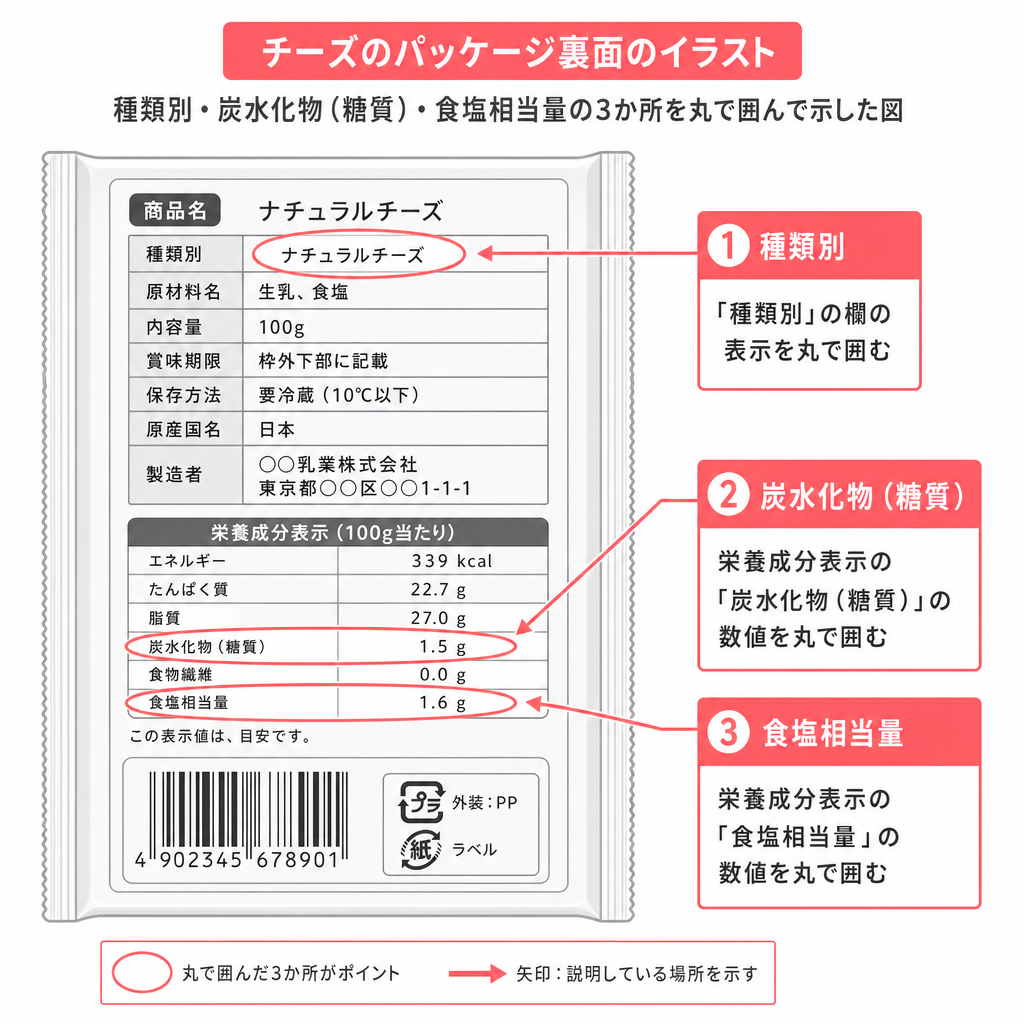 チーズのパッケージ裏面で確認する3か所を示した図