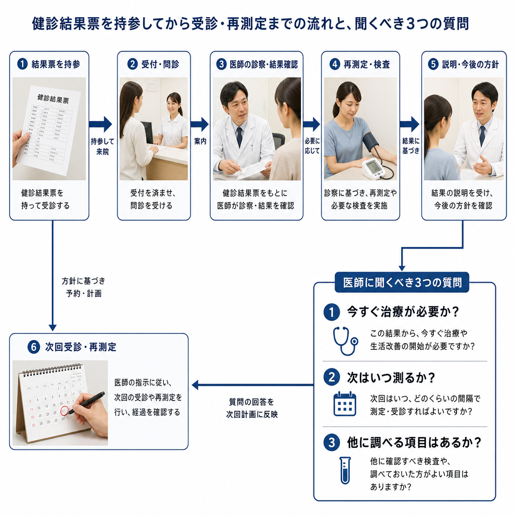 健康診断の結果を内科で相談するときの流れと質問例を示した図