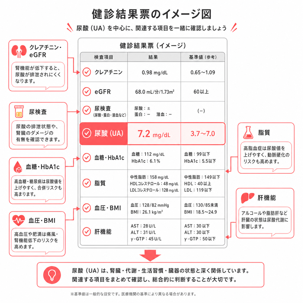 健診結果票で尿酸値とあわせて確認する項目を示した図