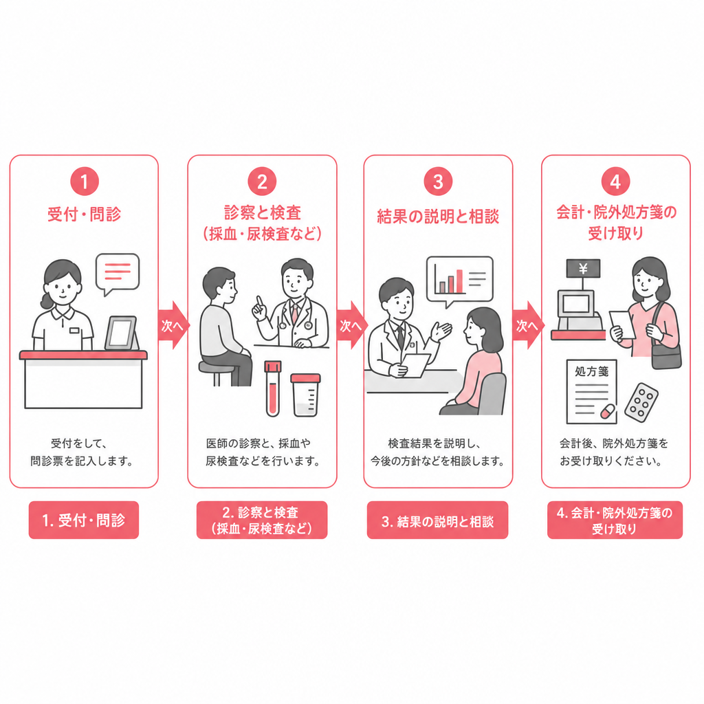 尿酸値の指摘で受診したときの受付から会計までの流れを示した図