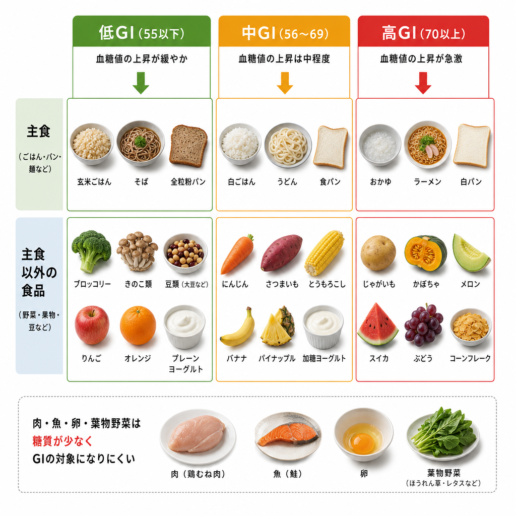 低GI・中GI・高GIに分類されやすい食品を主食と主食以外に分けて並べた一覧図
