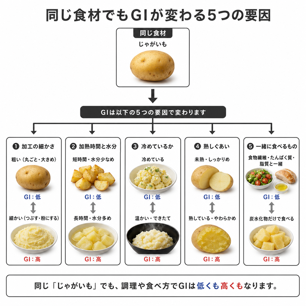 同じ食品でもGI値が変わる5つの要因を並べた図解