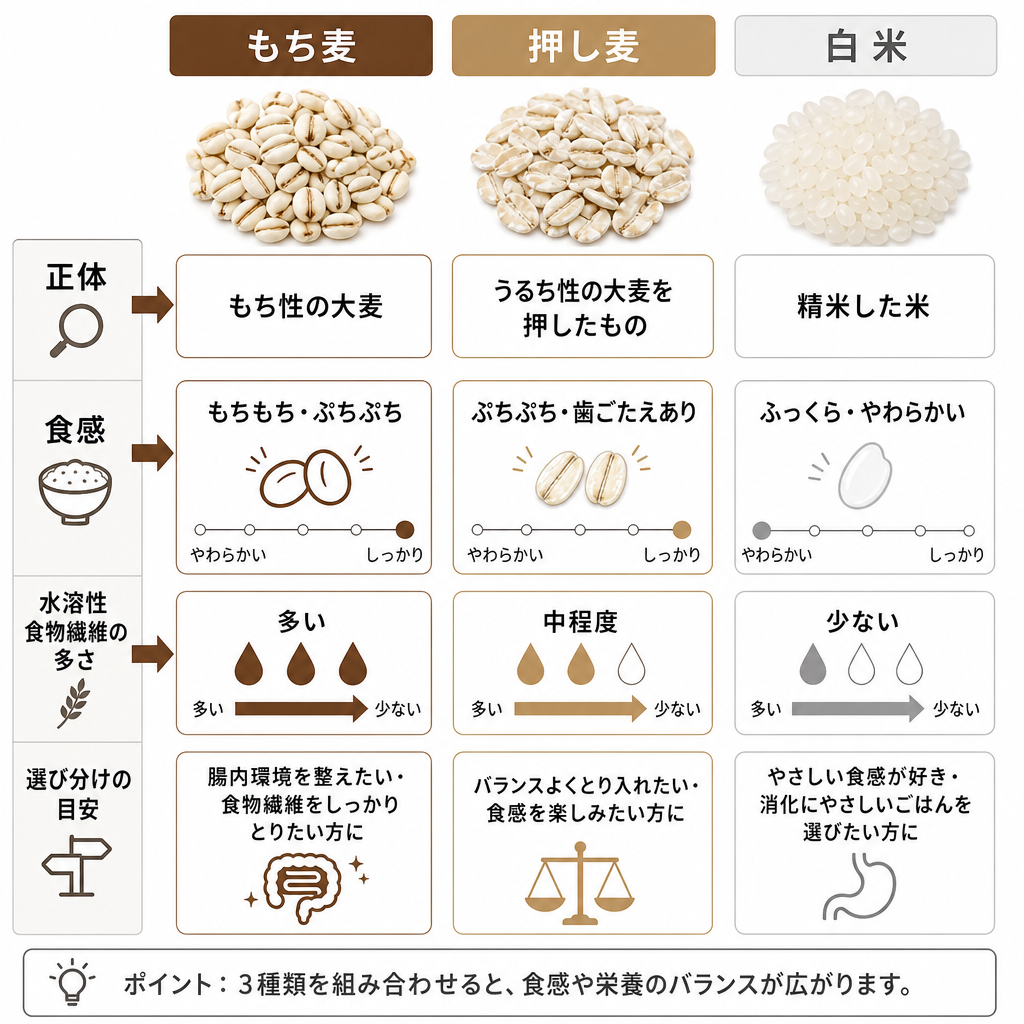 もち麦・押し麦・白米の性質と食感、水溶性食物繊維の違いを比べた図