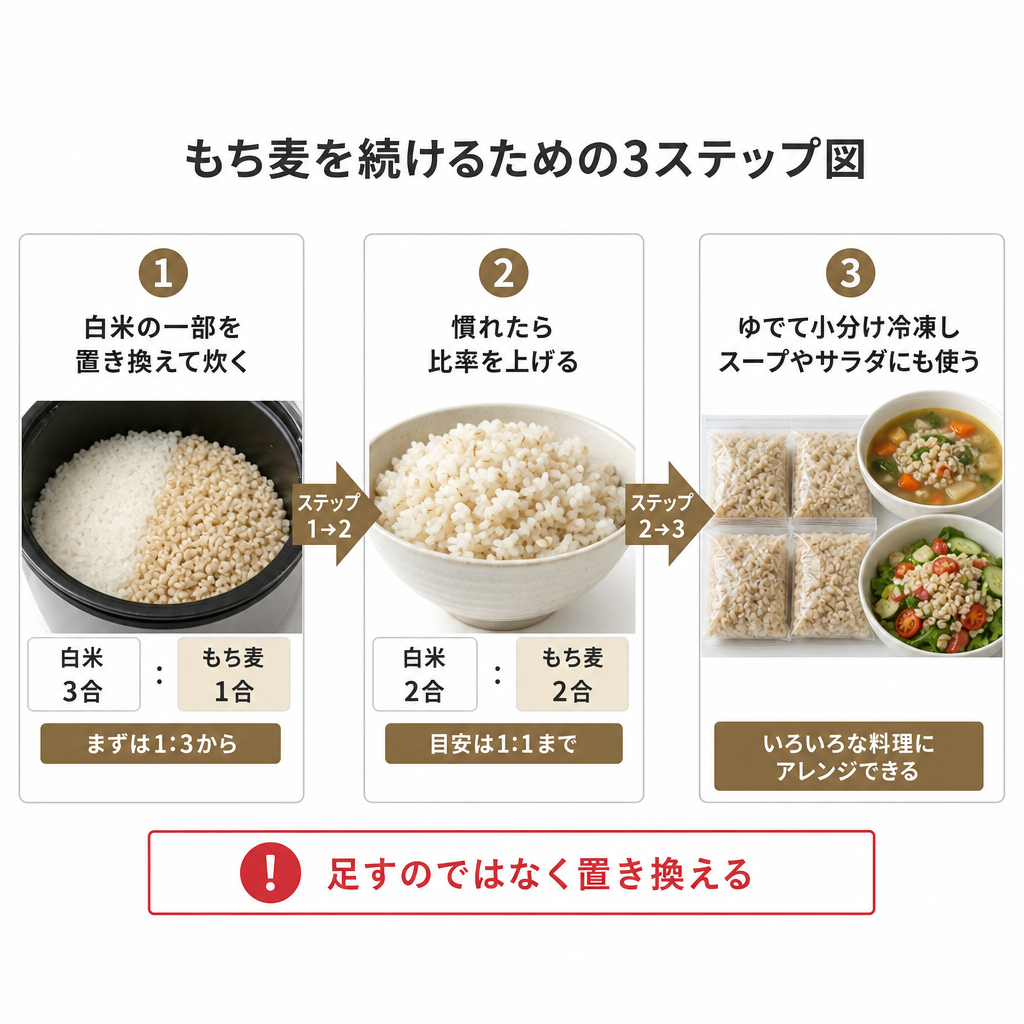 もち麦を無理なく続けるための置き換えステップを示した図