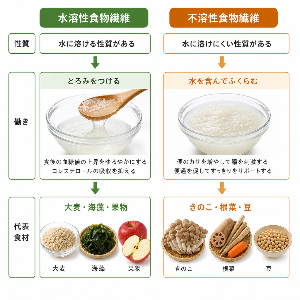 水溶性食物繊維と不溶性食物繊維の性質と代表的な食べ物を対比した図