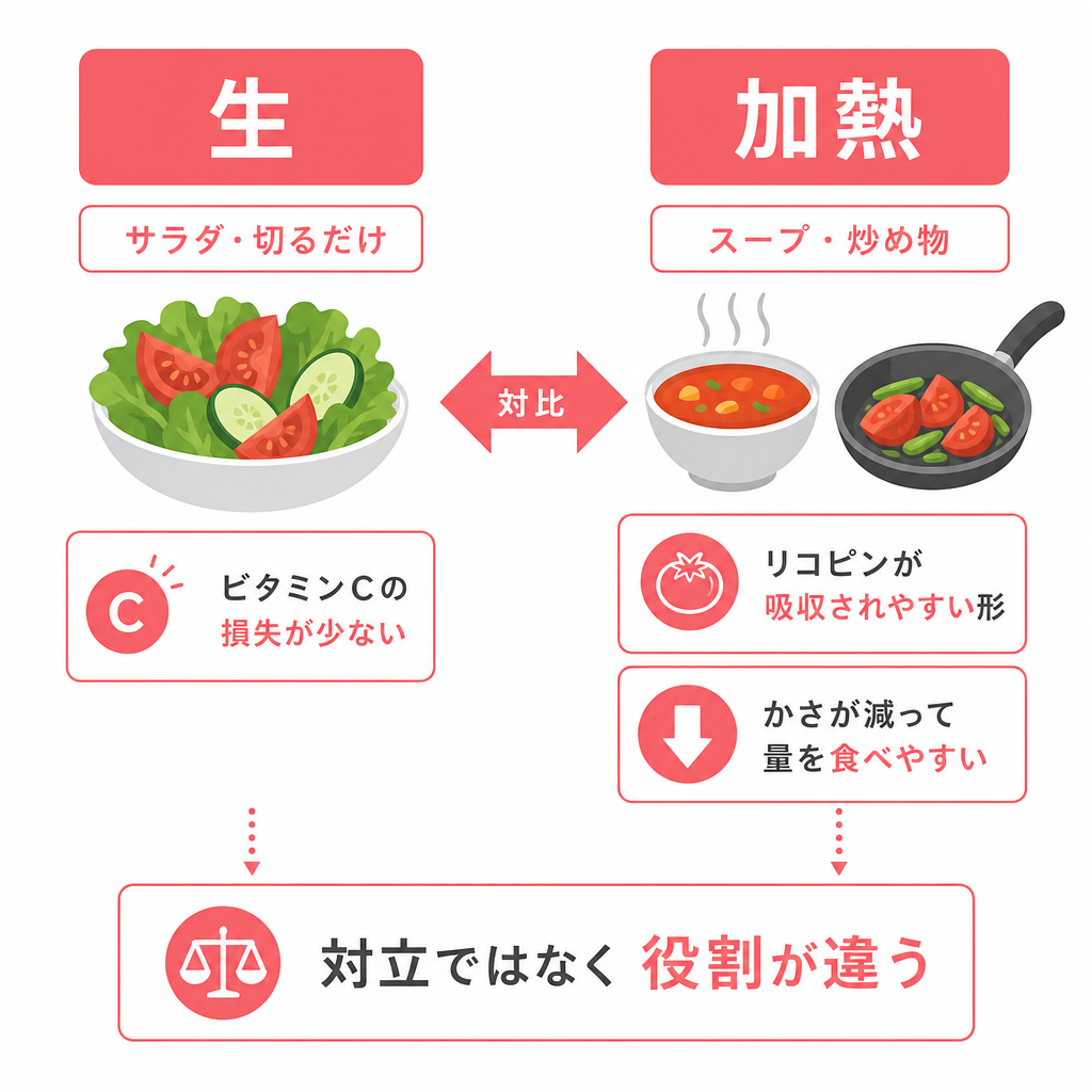 生のトマトと加熱したトマトで、残りやすい成分と食べやすさの違いを比べた図