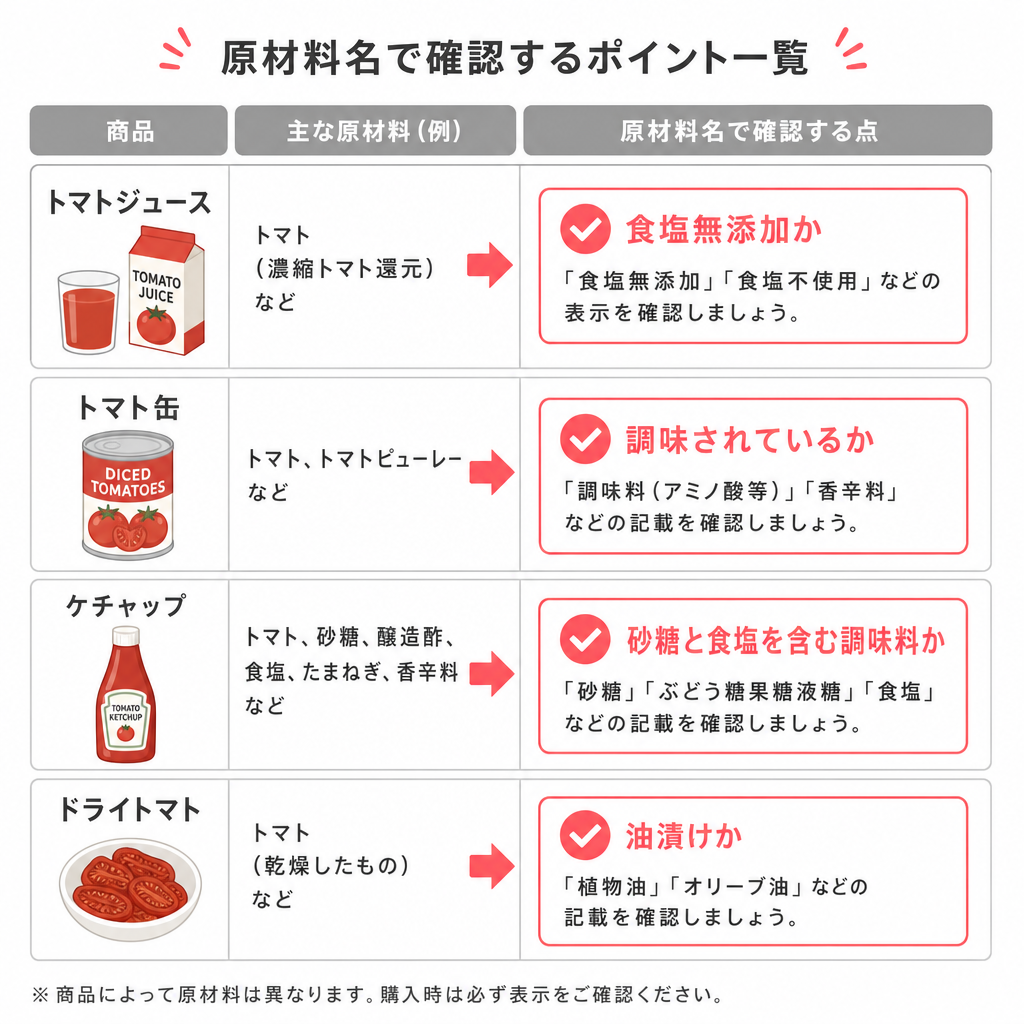 トマトの加工品ごとに原材料名で確認したい点を示した一覧図