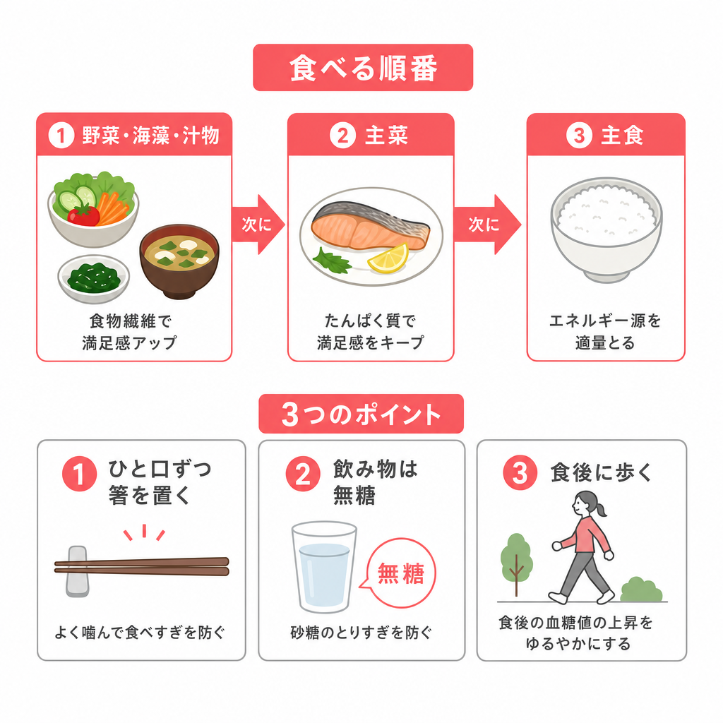 野菜から主菜、主食へと進む食べる順番と外食での食べ方の工夫を示した図