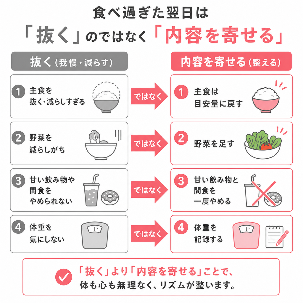 外食が続いた翌日の調整として食事を抜かず内容を戻す4つの手順を示した図