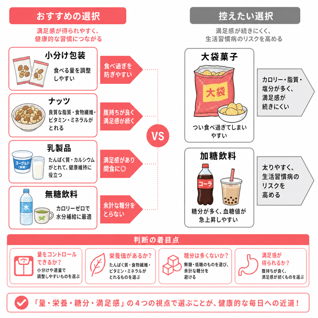 市販のおやつを選ぶときの着目点を左右で比べた図