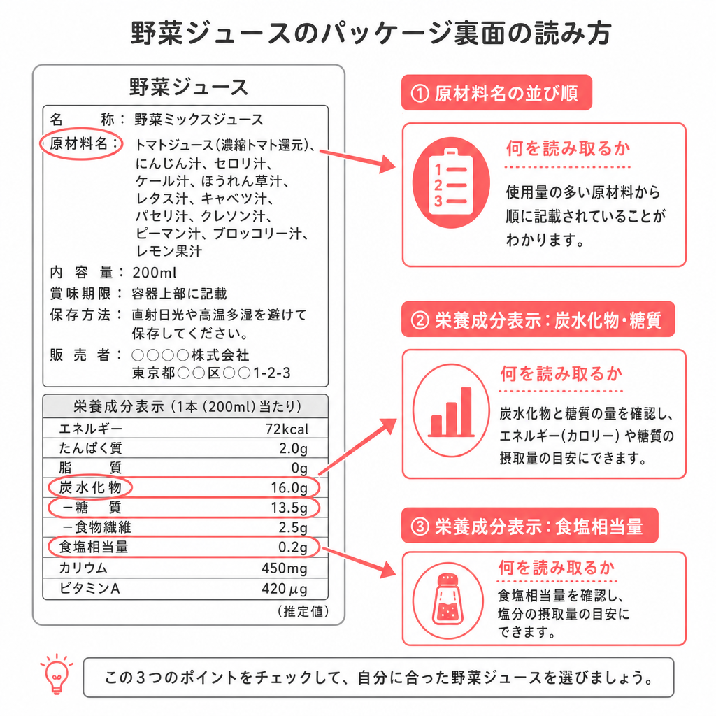 野菜ジュースのラベルで確認する3か所を示した図