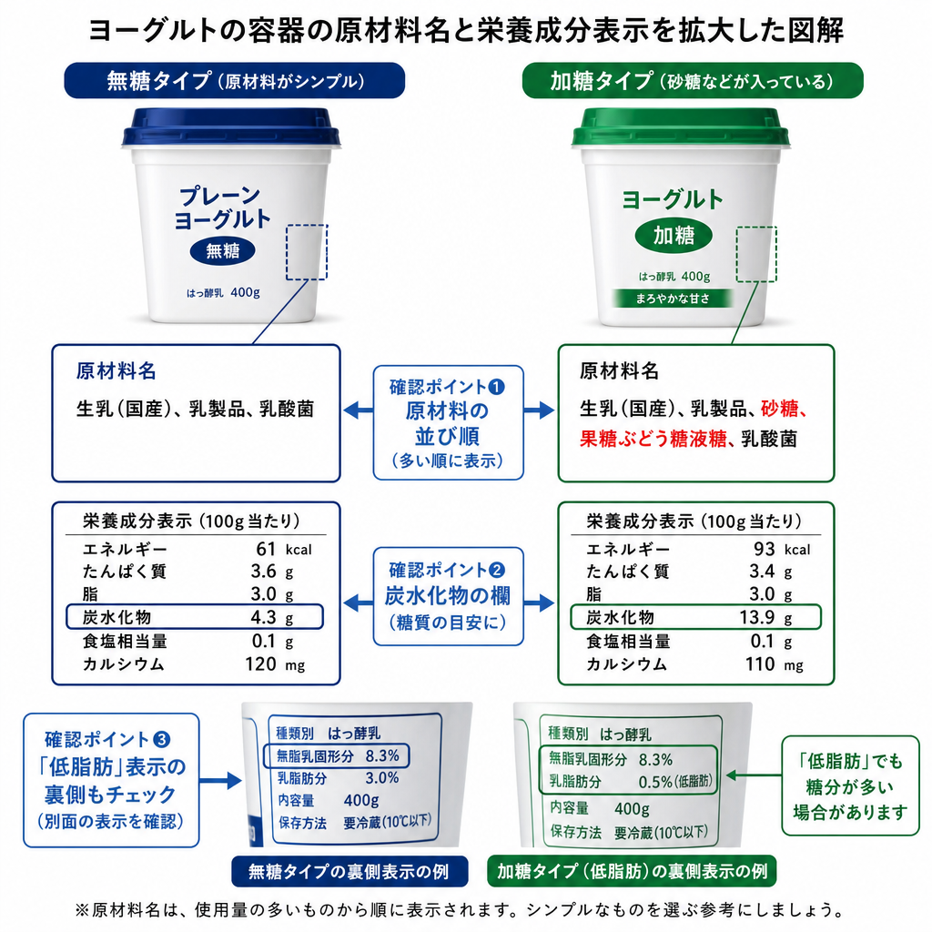 無糖ヨーグルトと加糖ヨーグルトの原材料名・栄養成分表示の見分け方を比較した図