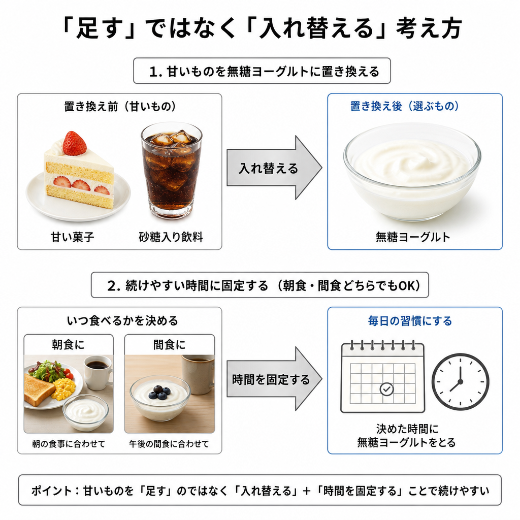甘い間食を無糖ヨーグルトに置き換える食べ方の考え方を示した図