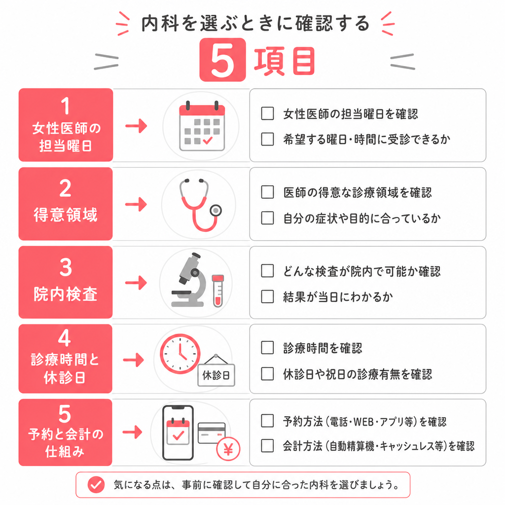 内科を選ぶときに確認したい5つの項目をまとめたチェックリストの図