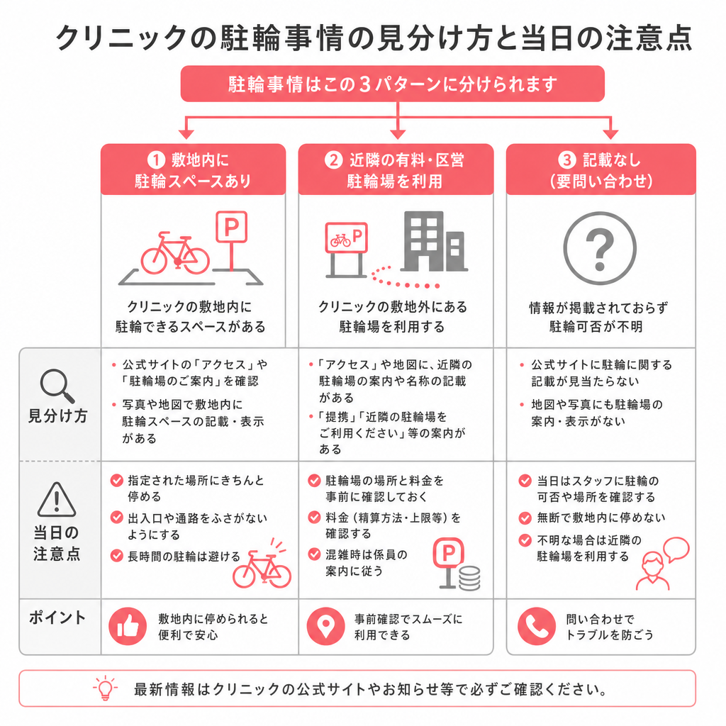 内科の駐輪条件を3パターンに分けて見分け方と注意点を示した図