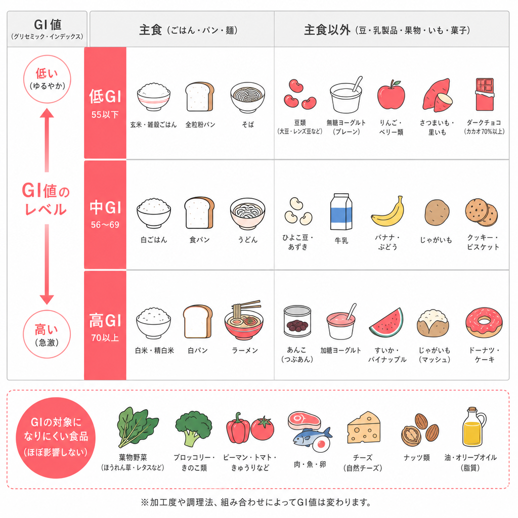 低GI・中GI・高GIに分類されやすい食品を主食と主食以外に分けて並べた一覧図