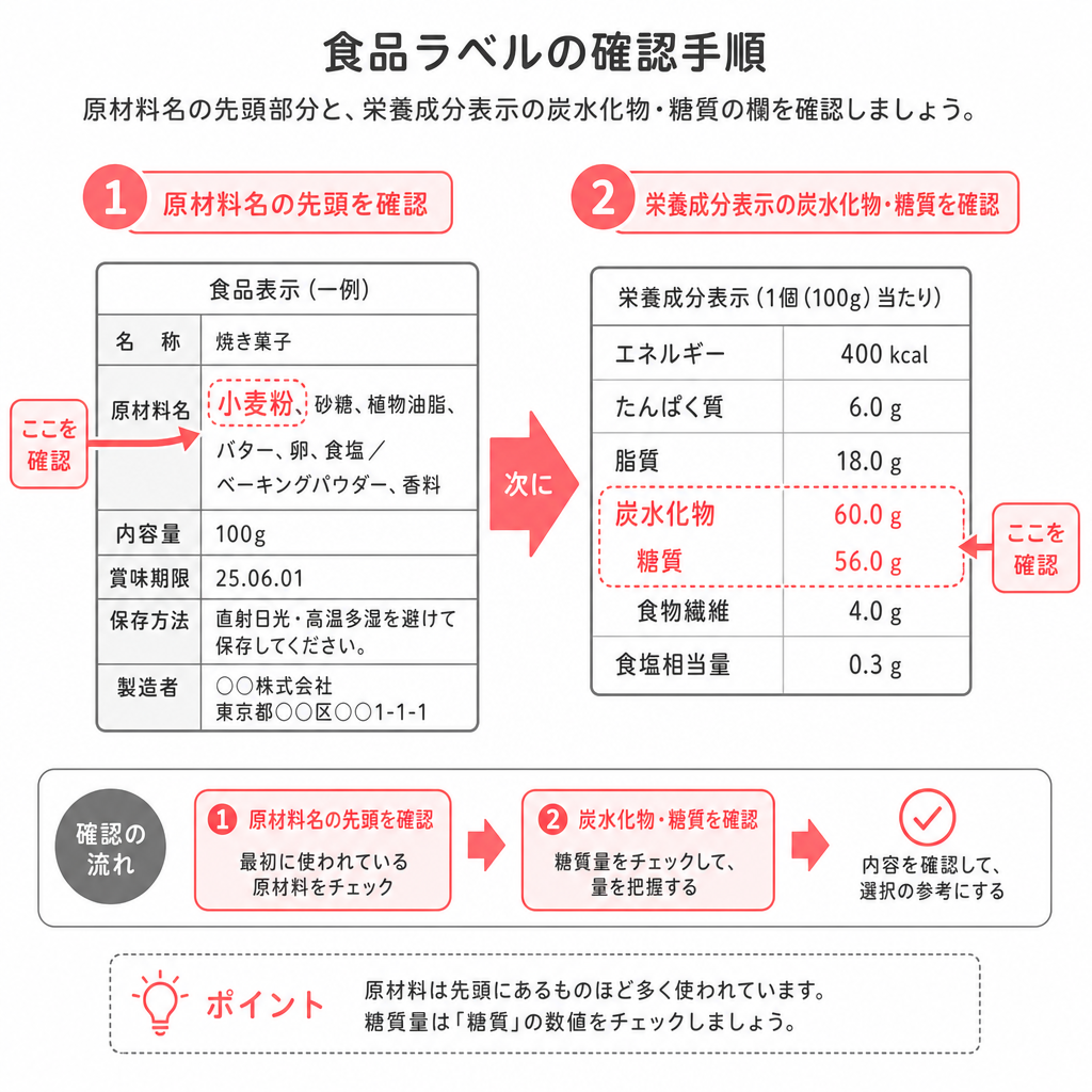 酢のラベルで原材料名と栄養成分表示を確認する位置を示した図