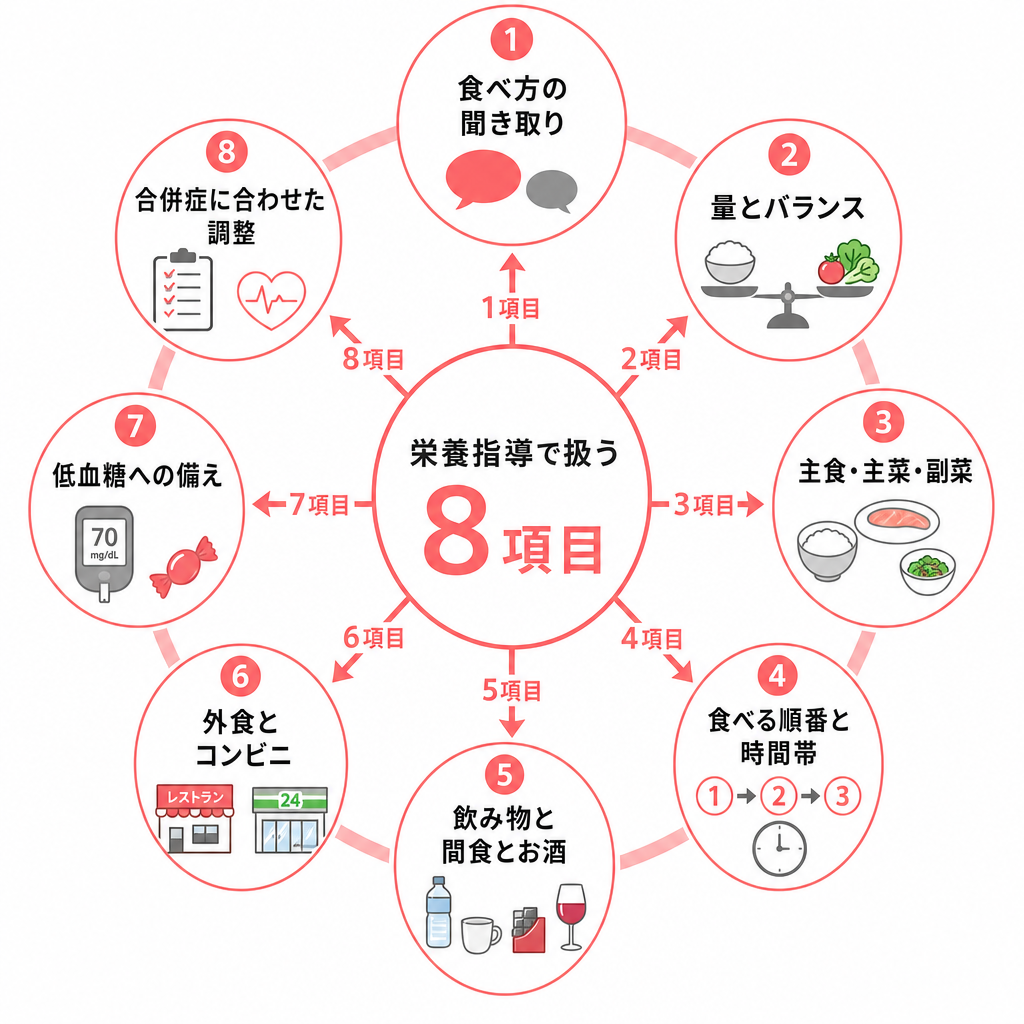糖尿病の栄養指導で話す内容を8項目に分けて示した図
