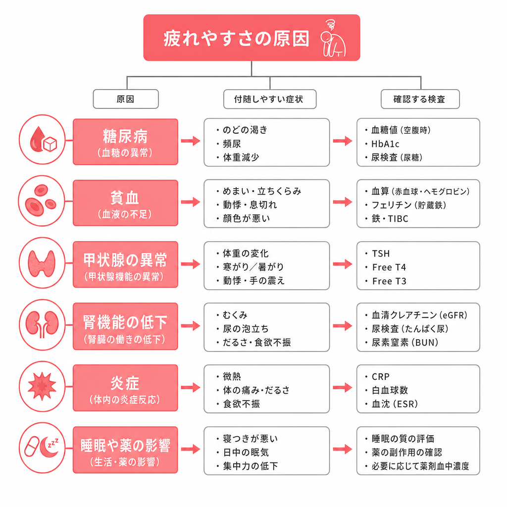 疲れやすさの原因と、それぞれに付随する症状・確認する検査を示した分岐図